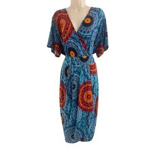 Teal Multi-Color Medallion Print Faux-Wrap Stretch Knit Dress Size 4XL Plus Size